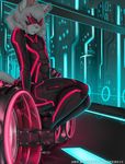  cat clothed clothing eyewear feline fur girly goggles hair hi_res lips male mammal pink_nose short_hair sinfuldreams15 sitting smile solo suit thick_thighs tight_clothing tron whiskers white_fur white_hair 