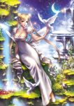  1girl back_bow bad_id bad_pixiv_id bird bird_on_hand bishoujo_senshi_sailor_moon blonde_hair blue_eyes bow breasts cleavage double_bun dress expressionless fountain full_body large_breasts long_hair princess_serenity puffy_sleeves shoes sitting solo tsukino_usagi twintails white_dress 