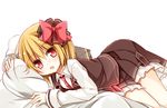  blonde_hair bow hair_bow long_sleeves looking_at_viewer lying necktie on_side open_mouth pillow red_eyes rumia shirt skirt skirt_set solo touhou vest yuuhagi_(amaretto-no-natsu) 
