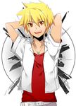  bangs belt blonde_hair collarbone collared_shirt fang hand_behind_head hand_on_own_head happy jewelry looking_at_viewer male_focus mi_(liki1020) misao necklace open_mouth orange_eyes outline shirt short_sleeves simple_background smile solo spiked_hair teeth tohma_(misao) white_background white_outline 