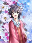  alternate_hair_color black_hair coat floral_background hairband komeiji_satori open_mouth overcoat samuimu short_hair smile solo touhou v-neck 