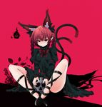  :3 animal_ears black_dress black_eyes bow braid cat_ears cat_tail convenient_censoring dress extra_ears highres kaenbyou_rin long_hair md5_mismatch multiple_tails pointy_ears red_background red_hair red_pupils rihito_(usazukin) shadow simple_background skull solo tail touhou twin_braids 