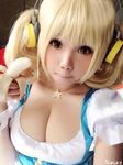  1girl banana blonde_hair breasts brown_eyes cosplay food fruit headphones jewelry necklace nitroplus photo solo star super_pochaco super_pochaco_(cosplay) 
