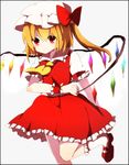  bangs black_border blonde_hair blush border bow crystal dress flandre_scarlet grey_background hat red_bow red_dress red_eyes shoes side_ponytail sidelocks simple_background smile solo touhou wings wristband yuippe 