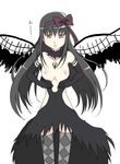  akemi_homura akuma_homura alternate_eye_color argyle argyle_legwear bare_shoulders black_gloves black_hair black_wings bow breasts breasts_outside choker clothes_down dress elbow_gloves feathered_wings flat_chest gloves hair_bow highres kame_no_nin long_hair looking_at_viewer mahou_shoujo_madoka_magica mahou_shoujo_madoka_magica_movie nipples pink_eyes simple_background solo spool thighhighs white_background wings zettai_ryouiki 