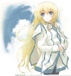  2007 aoyama_syun blonde_hair blue_eyes character_name collet_brunel expressionless long_hair looking_at_viewer pantyhose sky solo tales_of_(series) tales_of_symphonia very_long_hair 