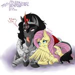  ? armor black_hair cape crown cutie_mark dialog duo english_text equine evehly female fluttershy_(mlp) friendship_is_magic fur grey_fur hair hi_res hooves horn king_sombra_(mlp) long_hair looking_up male mammal my_little_pony pegasus pink_hair red_eyes smile teal_eyes text tongue tongue_out unicorn wings yellow_fur 