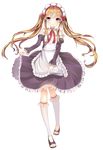  apron bad_id bad_pixiv_id blonde_hair blush elf frills full_body highres long_hair looking_at_viewer maid maid_headdress myucel_foalan outbreak_company pointy_ears purple_eyes smile solo transparent_background twintails very_long_hair yikoyi 