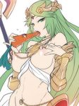  ban carrot green_eyes green_hair hair_ornament kid_icarus large_breasts long_hair midriff navel navel_piercing nintendo nipple_piercing nipples open_mouth palutena saliva sexually_suggestive staff tongue_out weapon 