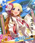  artist_request beamed_eighth_notes blonde_hair card_(medium) character_name character_signature emily_stewart flower hair_flower hair_ornament idolmaster idolmaster_million_live! japanese_clothes kimono long_hair musical_note official_art purple_eyes smile solo uchikake 