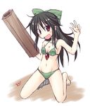  :d barefoot bikini black_hair green_bikini ichidai_taisa kneeling long_hair navel open_mouth red_eyes reiuji_utsuho smile solo swimsuit third_eye touhou tube 