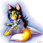  black_hair canine chibi clothed clothing female fox green_eyes hair kirai looking_at_viewer mammal pink_nose ratte sitting solo sword weapon 