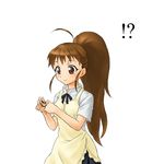  !? 1girl apron brown_eyes brown_hair long_hair onsoku_maru payot ponytail ribbon sidelocks simple_background skirt smile solo taneshima_popura uniform waitress white_background working!! 