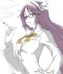  asakura_rikako bow cigarette closed_labcoat glasses hair_ribbon kuronuko_neero labcoat long_hair long_sleeves purple_eyes purple_hair red-framed_eyewear revision ribbon shirt sketch solo touhou touhou_(pc-98) 