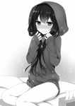  bad_id bad_pixiv_id bed blush bottomless greyscale highres hood hoodie long_hair looking_at_viewer monochrome naked_hoodie original sitting solo tissue tissue_box wavy_mouth yadapot 