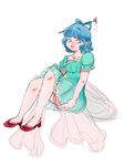  :d bad_id bad_pixiv_id blue_dress blue_eyes blue_hair collarbone covering covering_ass dress frilled_dress frills hair_ornament hair_rings hair_stick kaku_seiga legs momoyamiya open_mouth puffy_sleeves shawl short_hair short_sleeves simple_background sitting sketch slippers smile solo touhou white_background 