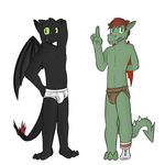  3_toes 4_fingers abs amputee anthro arm_behind_head armpits awkward black_body black_scales black_skin black_wings briefs brown_hair bulge clothed clothing dragon dreamworks duo fangs fuze green_body green_eyes green_scales green_skin hair hi_res hiccup_(httyd) how_to_train_your_dragon jockstrap leather male muscles nervous night_fury partially_clothed pecs plain_background plantigrade pointing red_wings scalie sharp_teeth skimpy spiked_tail standing tail_fin teeth toothless topless transformation underwear unsure white_background wings 