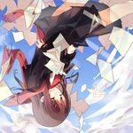  black_serafuku brown_hair clenched_teeth closed_eyes cloud crossed_arms crying day hair_ornament hairclip kagerou_project letter love_letter na2co3 origami paper paper_crane red_scarf ruler scarf school_uniform serafuku sky solo tateyama_ayano teeth upside-down 