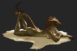  argonian breasts brown_skin feathers female hown invalid_tag lying nipples plain_background scales scalie smile solo tashio the_elder_scrolls video_games 