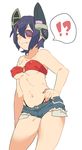  1girl bad_id bad_twitter_id bandeau bare_shoulders black_panties blush breasts contrapposto covered_nipples cutoffs denim denim_shorts emu_(eomou) eyepatch fang fang_out fingernails hair_between_eyes hand_on_hip headgear highres kantai_collection long_fingernails midriff nail_polish navel_piercing o-ring o-ring_top panties piercing purple_hair short_hair short_shorts shorts simple_background small_breasts solo speech_bubble standing sweatdrop tenryuu_(kantai_collection) underwear white_background yellow_eyes 