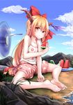  :t bad_id bad_pixiv_id barefoot beach blonde_hair blue_sky bow cloud day eating fan food fruit giantess grass hair_bow highres horns ibuki_suika long_hair looking_at_viewer outdoors oversized_object plant plate sand shorts sky solo spread_legs suikaxd(zhanweiheng1992) touhou very_long_hair water watermelon yellow_eyes 