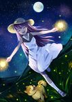  bad_id bad_pixiv_id closed_eyes dog dress dutch_angle facing_viewer field fireflies fireworks full_moon grass hat hill long_hair moon night night_sky open_mouth original outstretched_arms purple_hair running samizuban senkou_hanabi sky smile solo sparkler spread_arms star_(sky) starry_sky summer 