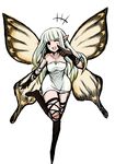  ;d aerie_(bravely_default) bangs black_legwear blunt_bangs bravely_default:_flying_fairy bravely_default_(series) butterfly_wings dress elbow_gloves fairy gloves leaning_forward long_hair md5_mismatch one_eye_closed open_mouth pointy_ears simple_background sketch smile solo strapless strapless_dress thighhighs white_background white_hair wide_hips wings yasakani_an 