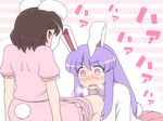  blush brown_eyes brown_hair bunny_mask bunny_tail commentary_request dress heavy_breathing inaba_tewi looking_at_viewer looking_back multiple_girls open_mouth pink_dress pink_eyes puffy_short_sleeves puffy_sleeves purple_hair reisen_udongein_inaba shirosato shirt shocked_eyes short_sleeves sitting skirt spread_legs sweat tail touhou 