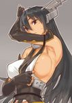  areola_slip areolae arm_up bare_shoulders black_gloves black_hair breasts brown_eyes elbow_gloves fingerless_gloves gloves grey_background hair_between_eyes headgear kantai_collection large_breasts long_hair nagato_(kantai_collection) obi sash sideboob simple_background solo strap_slip sun-3 sweat 