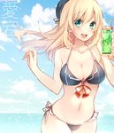  :d adapted_costume alternate_costume atago_(kantai_collection) bad_id bad_twitter_id bikini blonde_hair blush breasts character_name cleavage cup drink drinking_glass drinking_straw front-tie_top green_eyes hat kantai_collection large_breasts long_hair looking_at_viewer navel open_mouth sakura_yuki_(clochette) side-tie_bikini smile solo sparkle swimsuit twitter_username 