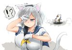  1girl animal_ears blue_eyes breasts cat cat_ears cat_tail daikikia_9 fake_animal_ears gloves hair_ornament hair_over_one_eye hairclip hamakaze_(kantai_collection) kantai_collection kemonomimi_mode large_breasts one_eye_closed school_uniform serafuku short_hair short_sleeves silver_hair simple_background solo tail white_background white_gloves wince 