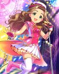  artist_request brown_hair concert fingerless_gloves gloves green_eyes hat idolmaster idolmaster_cinderella_girls kusakabe_wakaba long_hair looking_at_viewer microphone microphone_stand official_art plaid plaid_skirt skirt solo stage stage_lights thighhighs 