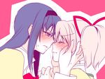  akemi_homura black_hair blush closed_eyes ear_blush face-to-face hair_ribbon hairband hand_on_another's_cheek hand_on_another's_face hands_clasped imminent_kiss kaname_madoka long_hair looking_at_another mahou_shoujo_madoka_magica multiple_girls own_hands_together pink_hair purple_eyes ribbon school_uniform short_hair short_twintails simple_background tama_two_(fukuya) trembling twintails yuri 