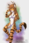  abstract_background ahoge amber_eyes anthro barefoot black_fur breasts brown_hair brown_nose chest_tuft digitigrade fangs feline female flora_(twokinds) fur hair keidran long_hair looking_at_viewer mammal naturally_censored nude open_mouth orange_fur paws plain_background pose ridia smile solo standing stripes teeth tiger tongue tuft twokinds white_background white_belly white_fur 