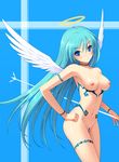  angel angel_wings blue_eyes blue_hair blush breasts colored_pubic_hair cygnus_(cygnus7) frown halo hand_on_hip highres long_arms long_hair medium_breasts navel nipples nude original pubic_hair pussy pussy_juice revision solo tattoo uncensored wings 