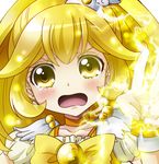  absurdres bad_id bad_pixiv_id blonde_hair bow choker cure_peace earrings electricity hair_flaps hair_ornament highres jewelry kise_yayoi long_hair magical_girl portrait precure sharumon smile_precure! solo tears tiara v wrist_cuffs yellow yellow_bow yellow_eyes 