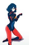  alternate_costume black_hair blue_eyes bodysuit covered_navel creator_connection frown kill_la_kill matoi_ryuuko multicolored_hair navel neon_genesis_evangelion oto-010 plugsuit red_hair senketsu short_hair simple_background skin_tight solo two-tone_hair white_background 