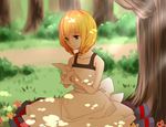  bangs blonde_hair braid collarbone commentary_request dappled_sunlight day dress flower forest grass green_eyes holding letter m-mo majo_no_ie nature outdoors short_braid short_hair sidelocks smile solo sunlight tree tree_shade twin_braids twintails under_tree viola_(majo_no_ie) 