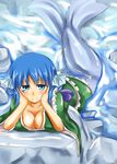 arm_support blue_eyes blue_hair breasts cleavage head_fins japanese_clothes kimono large_breasts looking_at_viewer mermaid monster_girl obi pirorun sash smile solo touhou wakasagihime water 