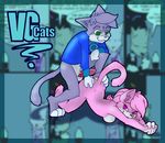  anthro balls breasts butt cat challen clothing collar duo erection feline female fur green_eyes hair leo_(vg_cats) leo_leonardo looking_back male mammal nude penis pink_fur pink_hair raised_tail smile spreading straight teasing vg_cats 