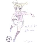  antenna_hair ball blonde_hair blue_eyes braid dated kneehighs long_hair mai_ball! sasakura_koneri shimagawa_aoi shorts sketch smile soccer_ball soccer_uniform socks solo sportswear striped telstar twin_braids vertical_stripes wristband 