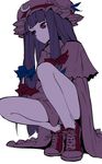  bow crescent crescent_hair_ornament hair_bow hair_ornament hat long_hair looking_to_the_side patchouli_knowledge purple purple_eyes purple_hair shoes simple_background sneakers solo squatting thighs thupoppo touhou white_background 