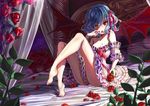 alternate_costume bare_shoulders barefoot bat_wings bed blood blue_hair canopy_bed dress flower frilled_dress frills hair_ribbon legs lips looking_at_viewer mimika_(puetilun) night night_sky no_hat no_headwear on_bed open_mouth reclining red_eyes red_flower red_rose remilia_scarlet ribbon rose short_hair sitting sitting_on_bed sky solo star_(sky) starry_sky strapless strapless_dress touhou tsurime wings 