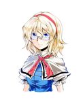  alice_margatroid bespectacled blonde_hair blue_eyes capelet glasses hairband kakao_(noise-111) looking_at_viewer short_hair simple_background smile solo touhou white_background 