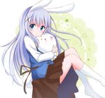  angora_rabbit animal animal_ears blue_eyes blue_hair blush bunny bunny_ears gochuumon_wa_usagi_desu_ka? hair_ornament hairclip kafuu_chino kneehighs long_hair no_shoes rabbit_house_uniform skirt snowmi tippy_(gochiusa) very_long_hair white_legwear x_hair_ornament 