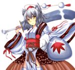  animal_ears bare_shoulders breasts detached_sleeves hat inubashiri_momiji japanese_clothes kourindou_tengu_costume looking_at_viewer medium_breasts pom_pom_(clothes) shield short_hair silver_hair simple_background solo sword tail tokin_hat touhou weapon weapon_bag white_background white_legwear wolf_ears wolf_tail yellow_eyes 