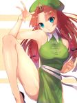  banned_artist beret blue_eyes braid breasts china_dress chinese_clothes clenched_hand dress fighting_stance green_dress hat highres hong_meiling long_hair medium_breasts red_hair side_slit sleeveless solo standing standing_on_one_leg star thighs touhou twin_braids yusano 