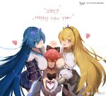  2019 3girls :d armor artist_request bare_shoulders black_legwear blonde_hair blue_eyes blue_hair bow breasts cheek_press collar cowboy_shot eyebrows_visible_through_hair faulds fingers_together garter_straps girl_sandwich hair_bow hairband hand_holding happy_new_year heart heart_hands_trio interlocked_fingers japanese_armor long_hair looking_at_viewer mengjing_lianjie multiple_girls new_year one_eye_closed open_mouth own_hands_together pink_hair pleated_skirt sandwiched short_hair shoulder_armor skirt small_breasts smile sode thighhighs very_long_hair wide_sleeves yellow_eyes 