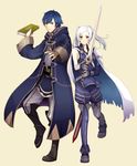  1girl blue_eyes blue_hair blush book boots cape cosplay costume_switch female_my_unit_(fire_emblem:_kakusei) fire_emblem fire_emblem:_kakusei fukune krom krom_(cosplay) long_hair my_unit my_unit_(cosplay) my_unit_(fire_emblem:_kakusei) robe sheath short_hair smile sword thigh_boots thighhighs twintails weapon white_hair yellow_eyes 