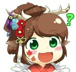  :3 ? animal_ears antlers bell blush brown_hair chibi deer_ears facial_mark flower green_eyes gyate_gyate hair_flower hair_ornament jewelry jingle_bell kanchigai kano_(p&amp;d) leaf long_hair maple_leaf open_mouth ponytail puzzle_&amp;_dragons red_flower ribbon simple_background smile solo white_background 